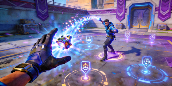 VALORANT游戏画面，特工正在投掷技能，地图上有战术标记