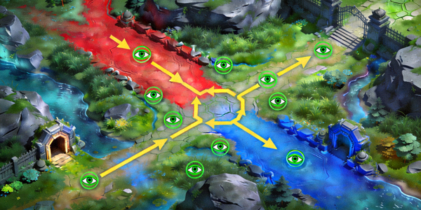 英雄联盟游戏地图俯瞰图，标注了打野路线和关键眼位